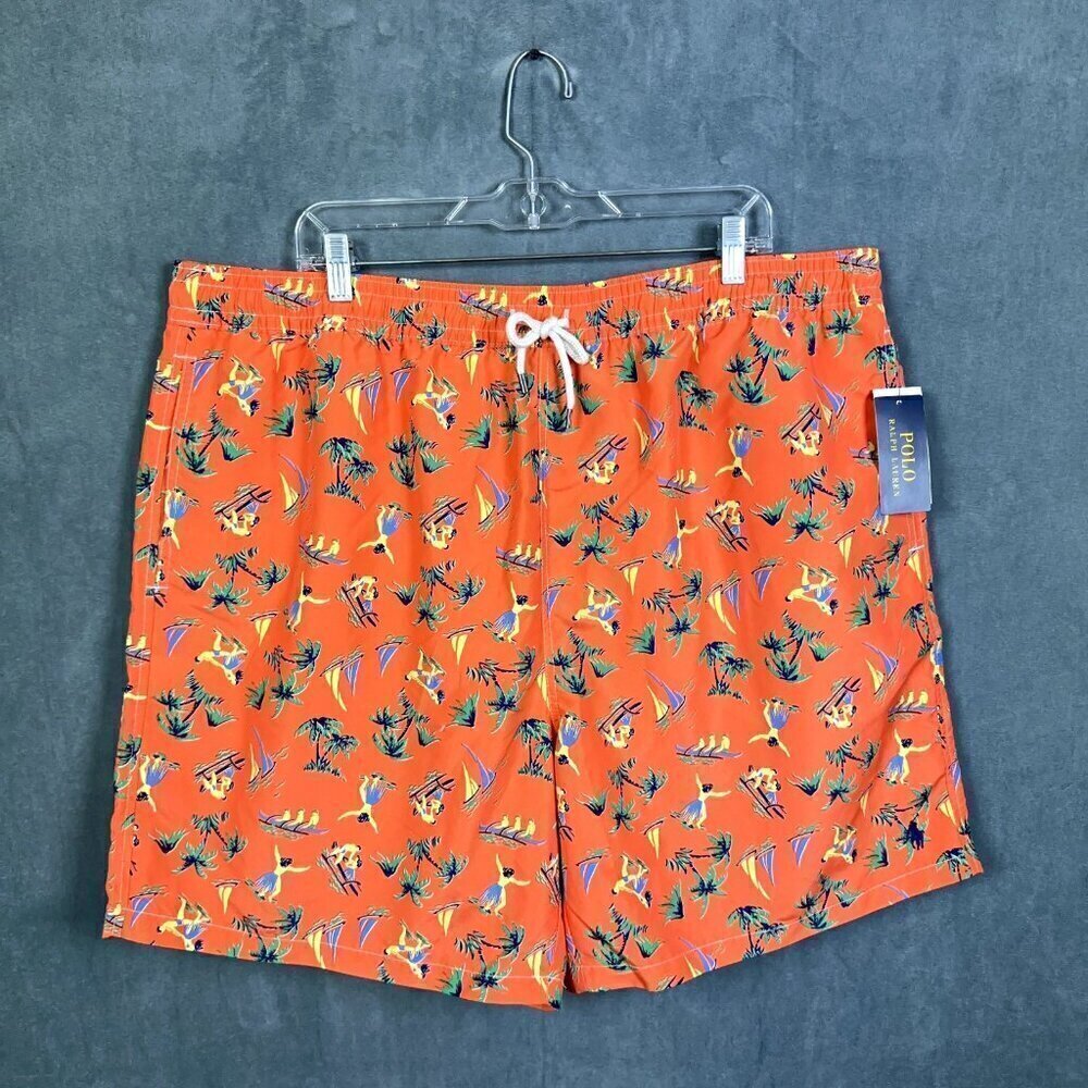 Polo Ralph Lauren Swim Trunks Mens Size BIG 1X Orange Hawaiian Print NWT